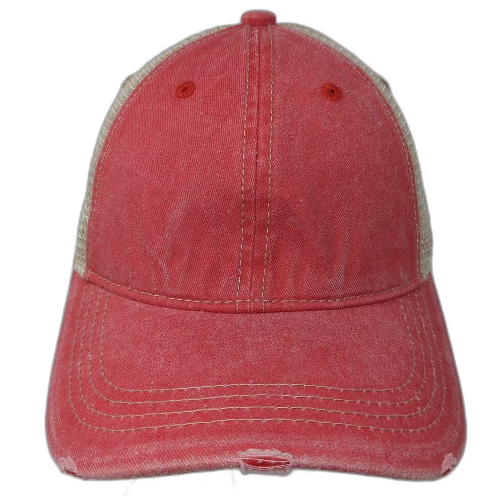 ChokoLids Trucker Hat Red Beige Snapback OS Mesh Distressed Frayed Adjustable